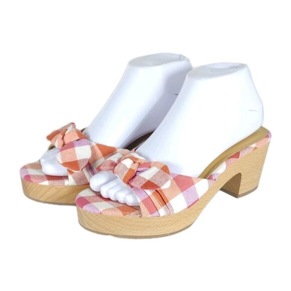J. Crew Women's US7,5 Multicolor Plaid Printed Bow Wooden Heels Mules Sandals Nw - Picture 1 of 14